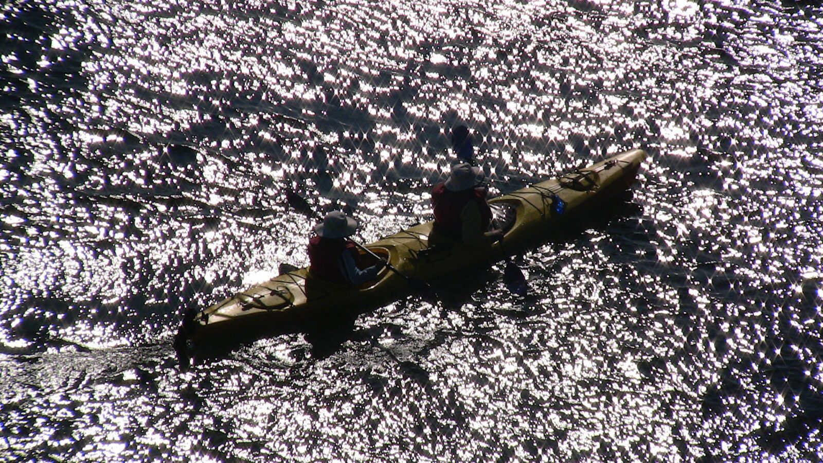 Two people in a yellow canoe.