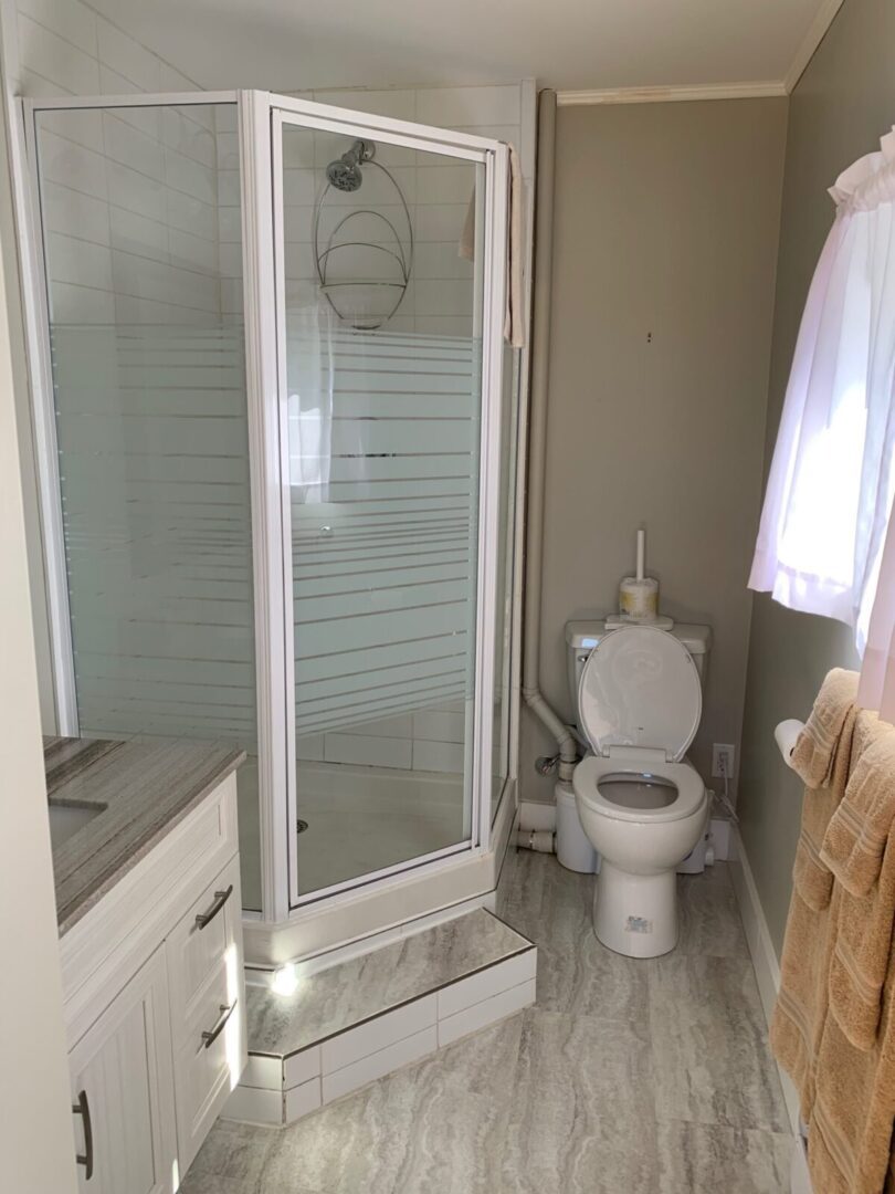 A bathroom with a shower stall and toilet.