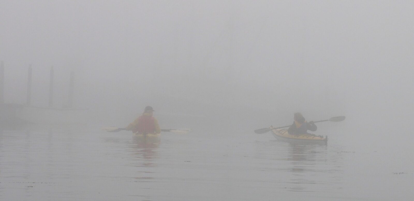 Two people in kayaks paddling in a foggy water.