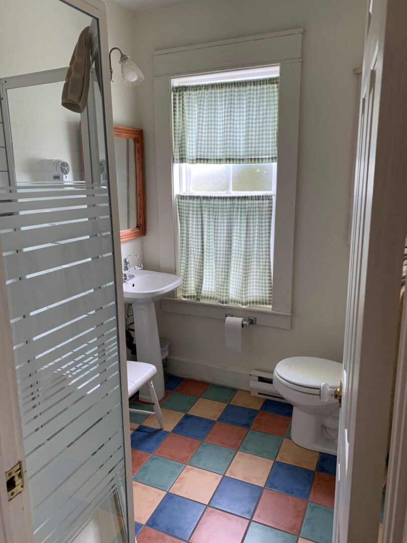 A bathroom with colorful tiled floors and a toilet.