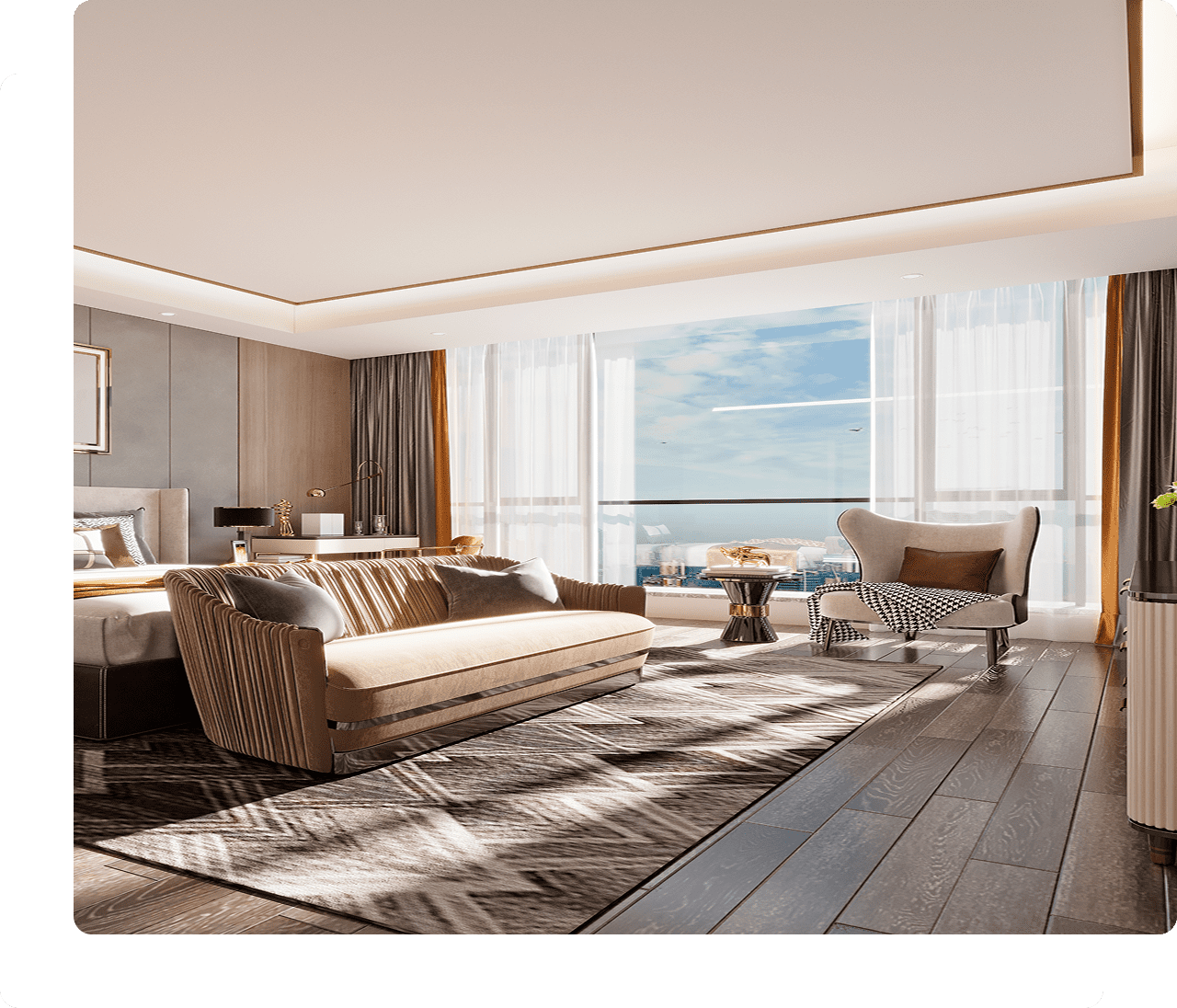 Modern living room with large window view.
