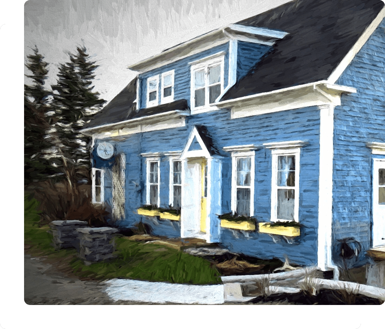 Blue house with yellow accents and trees.