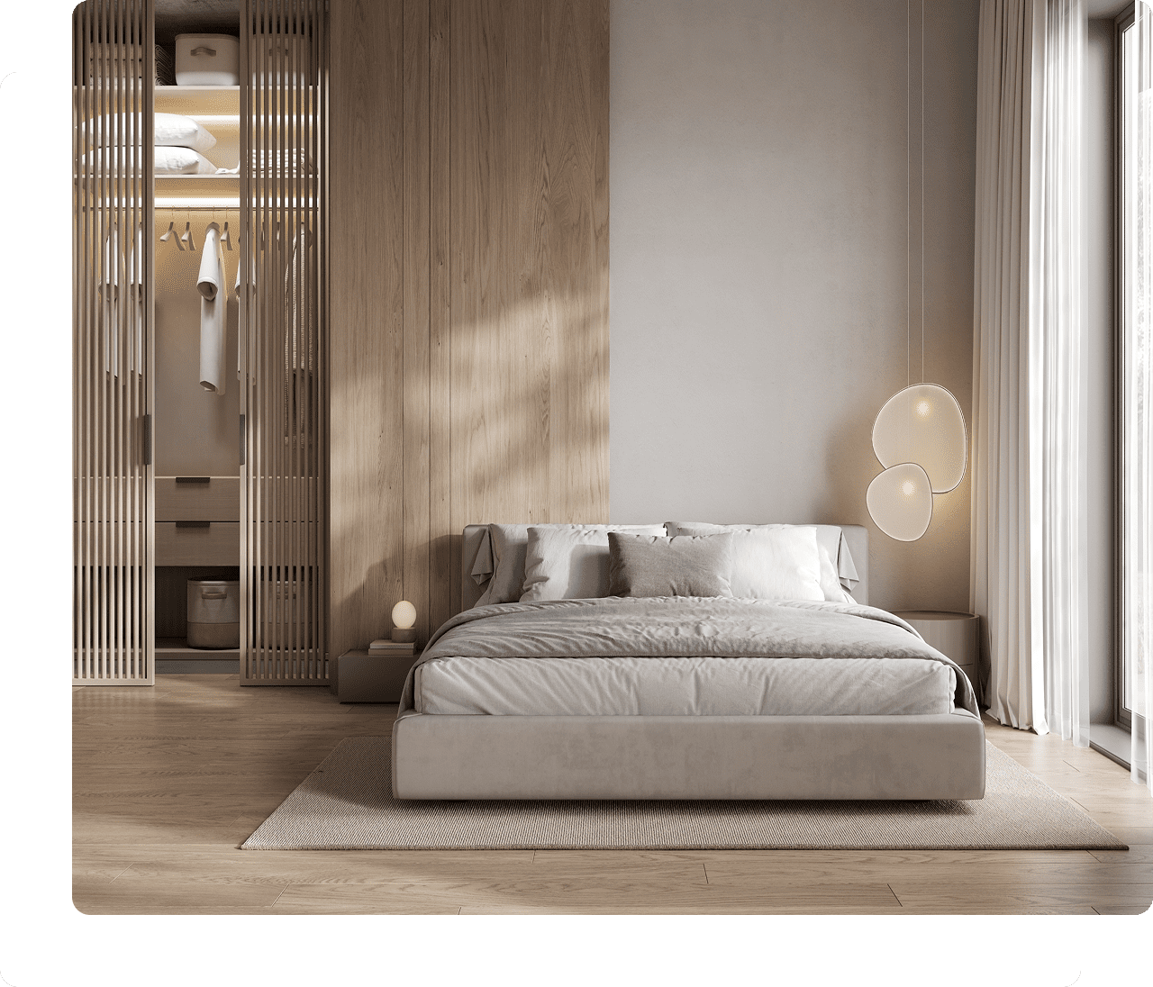 Minimalist bedroom with modern decor and lighting.