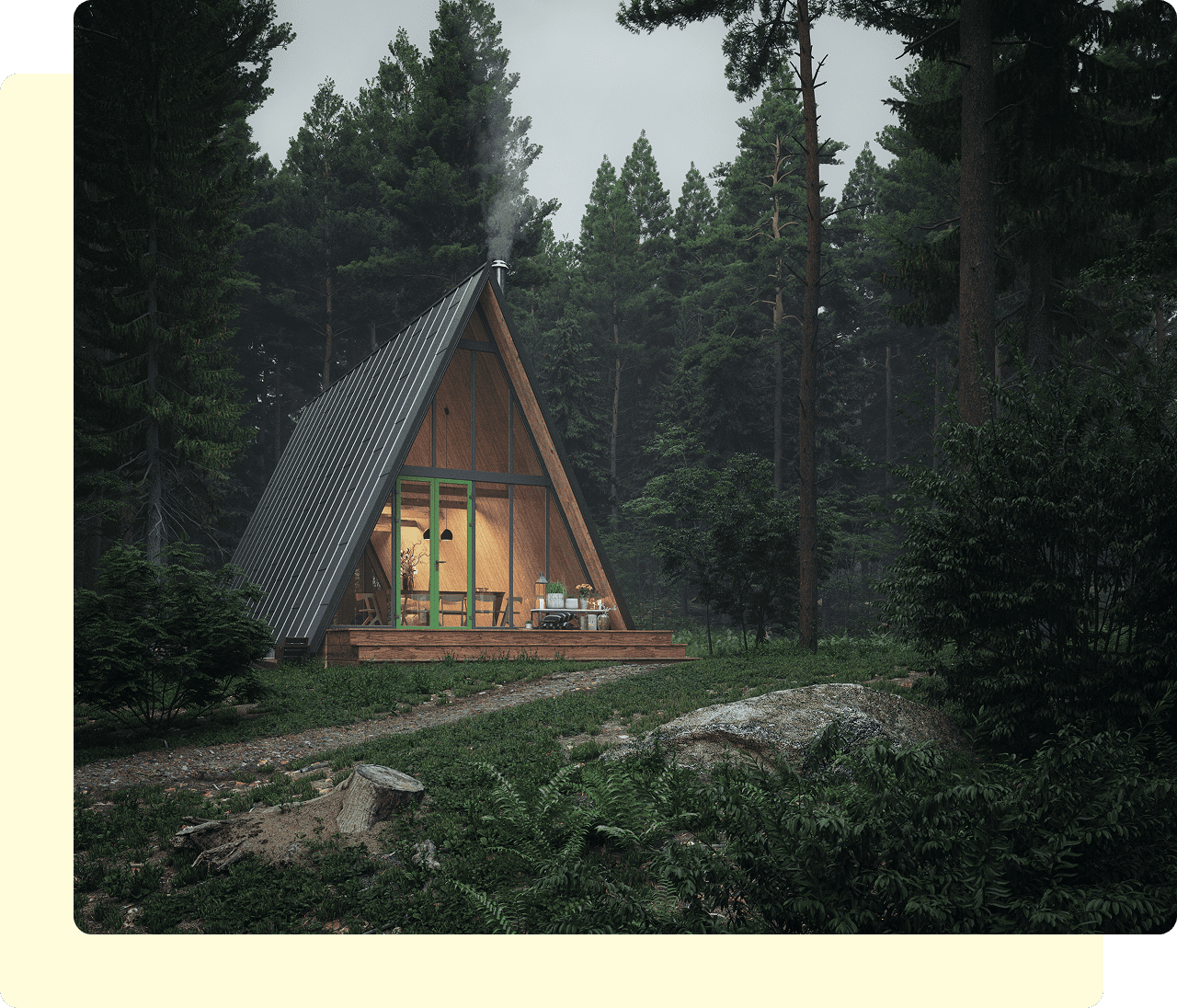 A-frame cabin in a forest setting.