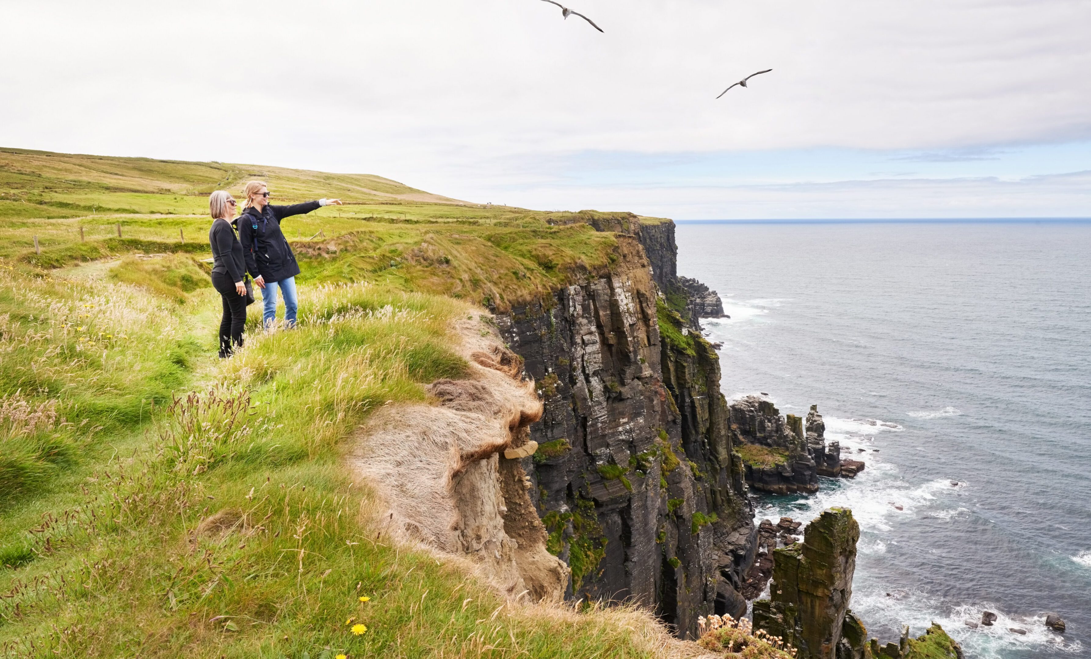People standing on grassy cliff by ocean.