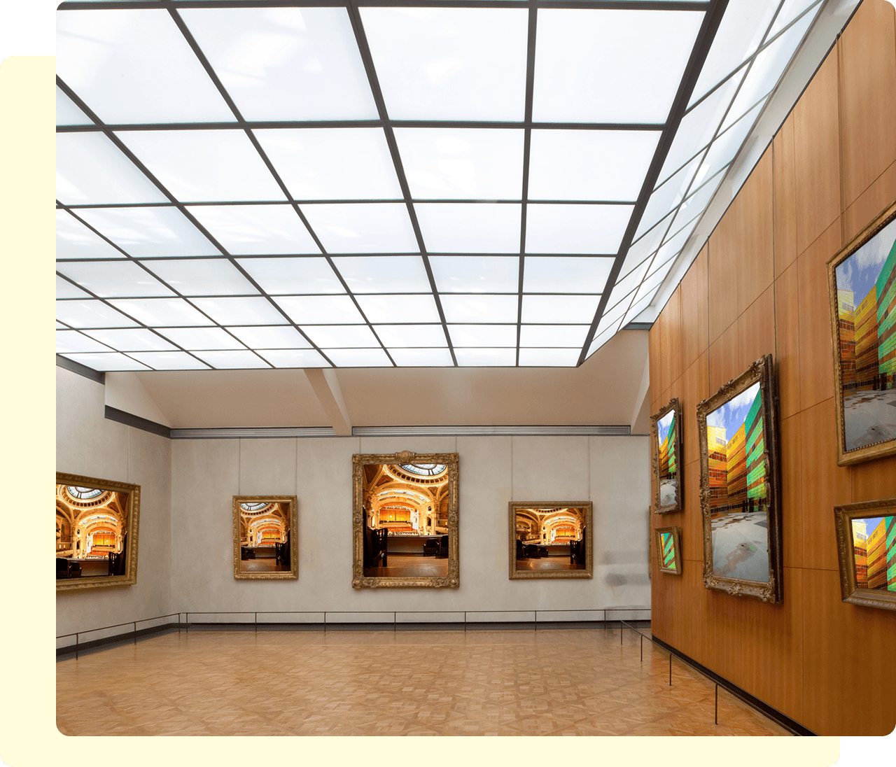 Art gallery with framed paintings on display.