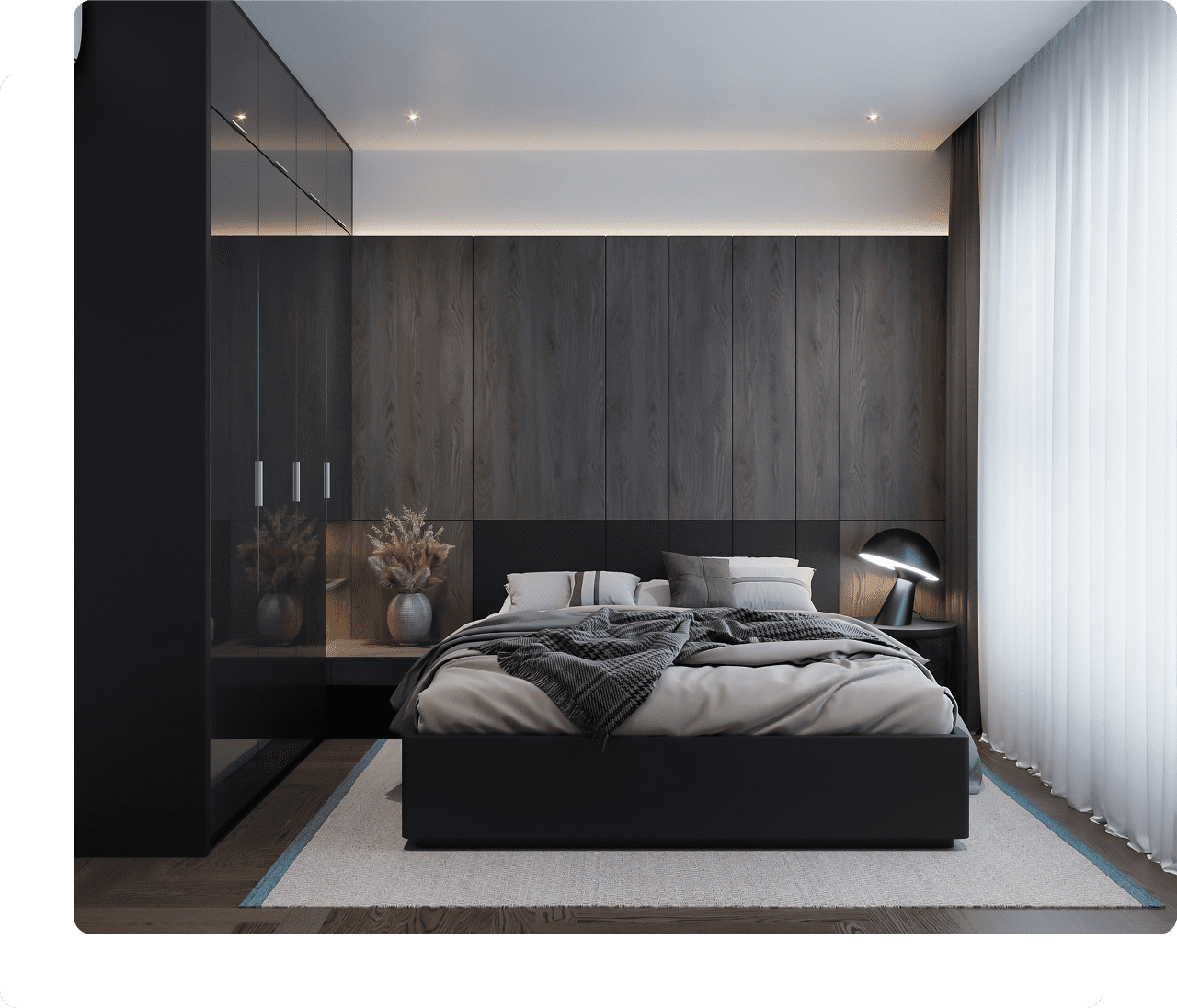 Modern bedroom with dark wood accents.