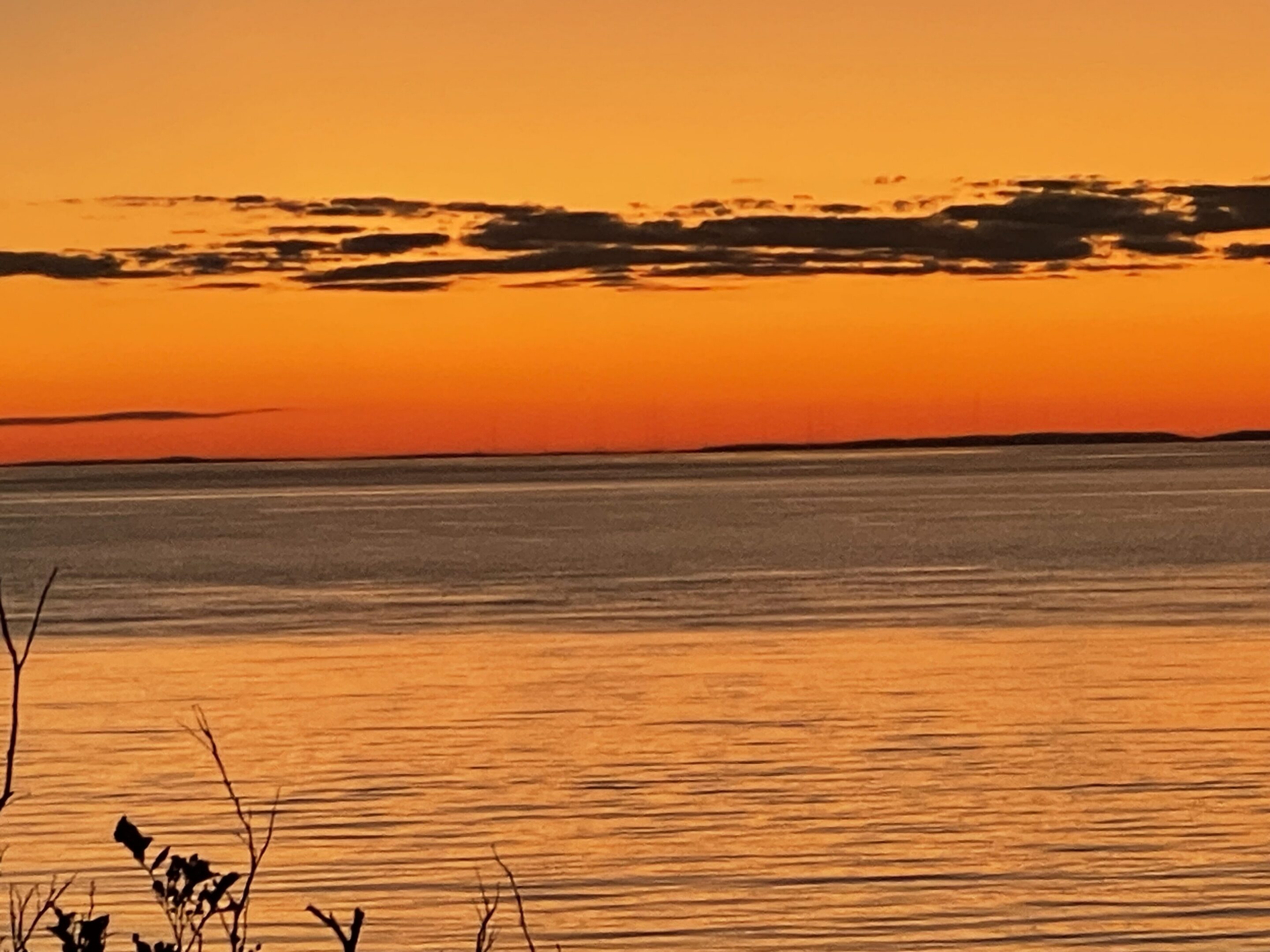 Orange sunset over calm water with silhouetted shore