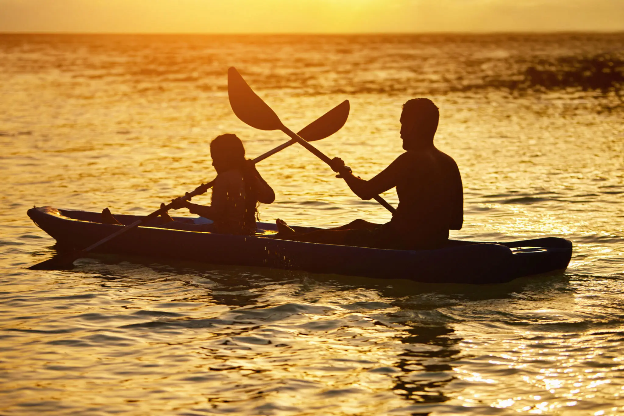 Silhouetted kayakers paddling at sunset.