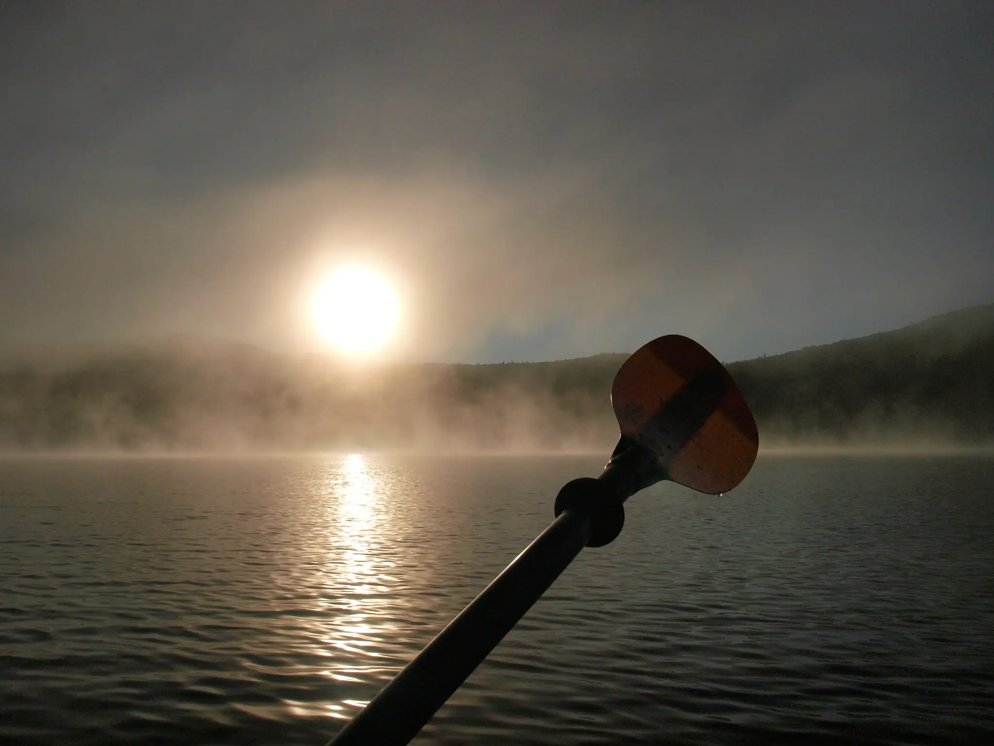 Paddle on misty lake at sunrise.